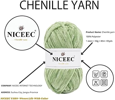 NICEEC 3 Skeins Soft Chenille Yarn 3 x85m (3X 93yds, 3X 50g)_Mint Green