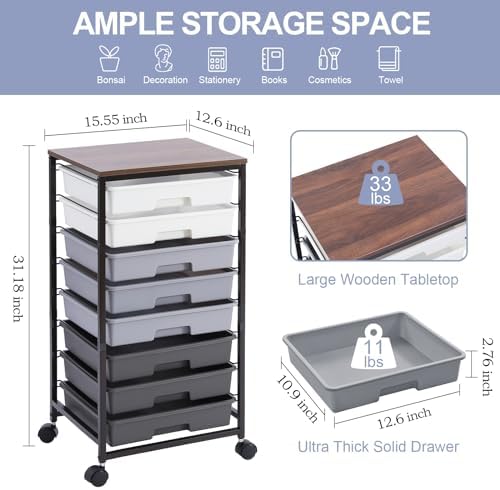 SYKIARIOL Rolling Cart with Drawers,8 Drawers Utility Cart,Grey Gradient | Craft Organizers and Storage with Wooden Tabletop for Living Room,Classroom,Bedroom,Bathroom,Dorm,Office