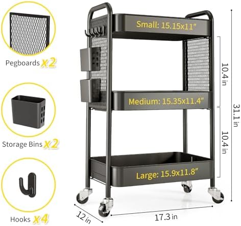 TOOLF 3 Tier Rolling Cart, Metal Utility Storage Cart with Pegboard, Black | 2 Bins & 4 Hooks, Screwless Assembly, Lockable Wheels, Trolley Organizer for Bathroom, Kitchen, Office, Dorm, Craft Room