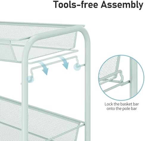 TOOLF 3 Tier Rolling Cart, Metal Utility Storage Cart with Wheels, Green | 3 Hooks, Screwless Assembly, Trolley Organizer for Bathroom, Kitchen, Office, Nursery, Dorm, Laundry Room