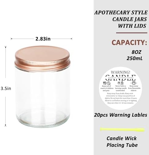 MILIVIXAY 20 Pack 8 OZ Thick Glass Clear Candle Jars with Rose Gold Lids-Bulk Empty Candle Jars for Making Candles-Canning Jar for Spice, Liquid, Sample- Dishwasher Safe.