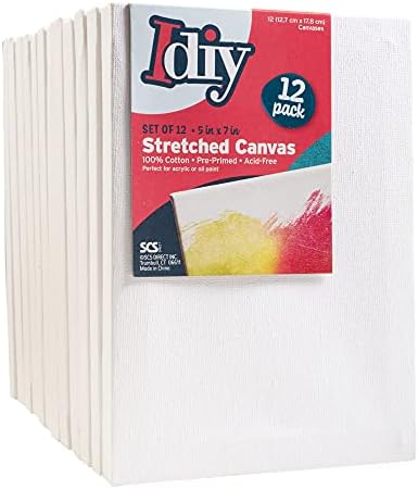 iDIY Stretched Canvas Board 5 x 7 (Set of 12) 5/8" - Classic White Blank, Pre Primed for Oils or Acrylics, 100% Cotton, Acid Free - Professional Grade for Painting or Art Project, Craft, Mixed Media