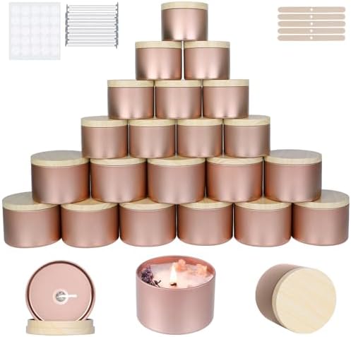 CONNOO 24 Pack - 12pcs 8oz & 12pcs 4oz Rose Gold Candle Tins with Lids