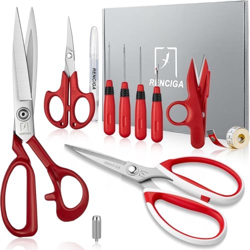 Fabric Scissors Tailor Sewing Shears Threading Needle Tools Kit 10 Inch Heady Duty Scissors Set for Fabric Cutting Professional Extremely Sharp Cloth Scissor Multipurpose Dressmaker (Red)