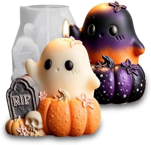 Wehous Halloween Resin Molds, Cute Ghost Pumpkin Candle Soap Mold, Halloween Ornament Silicone Molds for Epoxy Resin Casting Clay, 3D Pendant Keychain Wall Hanging Craft Mold (Grave Ghost Pumpkin)