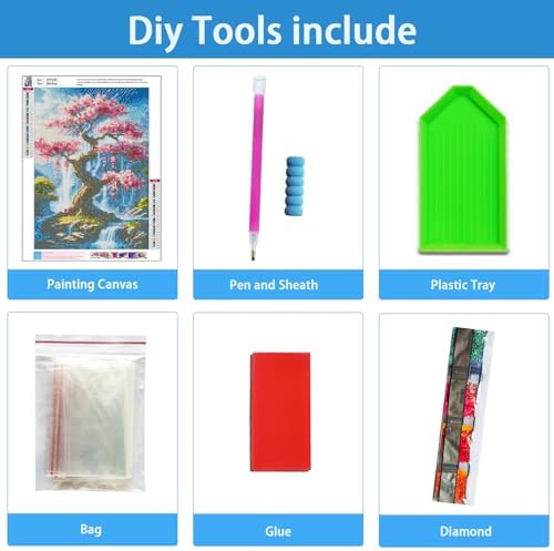 TYPUSOK Waterfall Diamond Art Kits for Adults,Round Full Drill 5D Diamond Painting Kits for Beginners,Cherry Blossoms DIY Diamond Dots Pictures Gem Art Kit,Home Wall Decor 12x16in