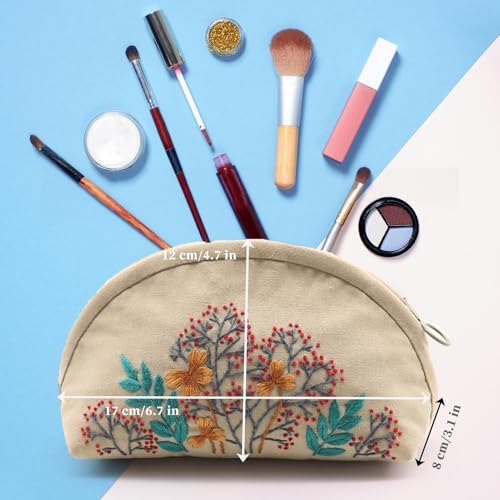 FONNUY Embroidery Kit Makeup Bag for Beginners, Flowers Pre-Stamped Pattern Handbag Coin Purses Making Kits for Adults with Hoop, Easy to Follow Color Thread Needlework (Beige)