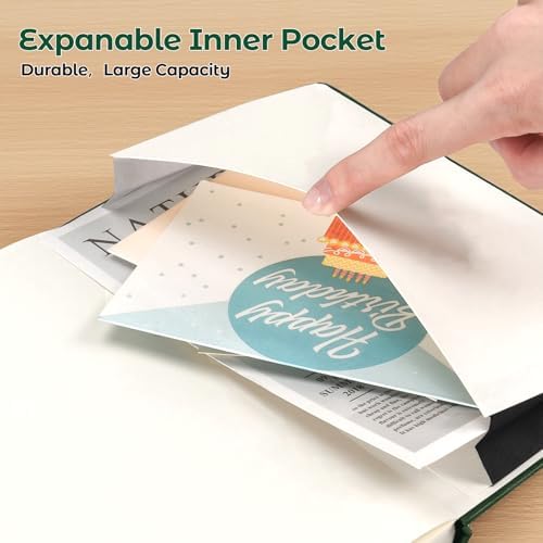MALEDEN Notebook, A5 Hardcover Leather Notebook for Work, Notebook Journal for Women, Men, 192 Thick Paper, Large Notebook with Pockets, Professional Business Notebook (College Ruled, Green)