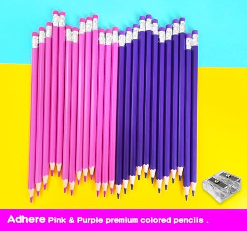 Adhere 25pcs Checking Pencils Erasable colored Pencils Pre-Sharpened #2 HB,for Checking Tests Grading,Map Coloring, editing Office Favors,including a Free sharpener. (Pink 13pcs + Purple 12pcs)