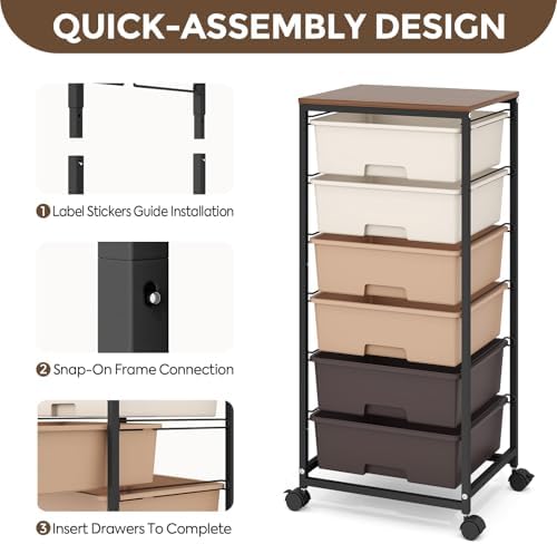 6 Drawer Rolling Storage Cart with Wooden Top and Wheels for Crafts,Brown