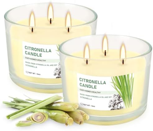 Citronella Candle Outdoor 2-Pack - 14oz Each 3-Wick Candles in Clear Glass Jars, Made with Citronella Oil & Soy Wax for Patio, Camping, Backyard, Emergency & Outdoor Ambiance.