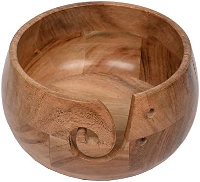 EDHAS Acacia Wood Yarn Bowl Holder | Handmade Holder with Holes | Yarn/Wool/String Storage Accessory (7" x 7" x 4")