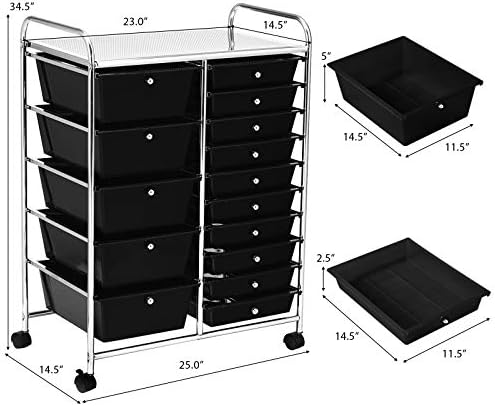 GOFLAME 15-Drawer Rolling Storage Cart, Craft Storage Cart with Removable Drawers & Lockable Wheels, Art Cart Supply Storage Organizer for Home Office Classroom, Black