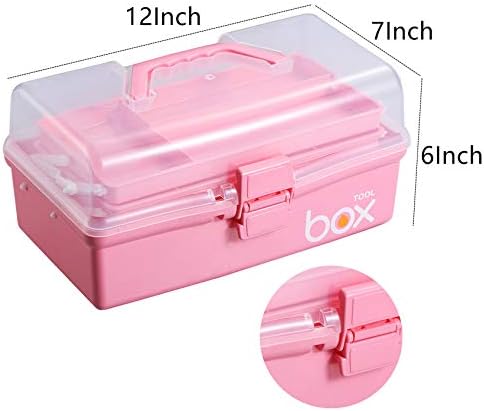Kinsorcai 2PCS 12'' Three-Layer Clear Plastic Storage Box/Tool Box, Multipurpose Organizer and Portable Handled Storage Case for Art Craft and Cosmetic (Pink)