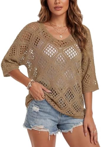 Womens Crochet Top Summer 3/4 Sleeve Cover Up V Neck Boho Tops