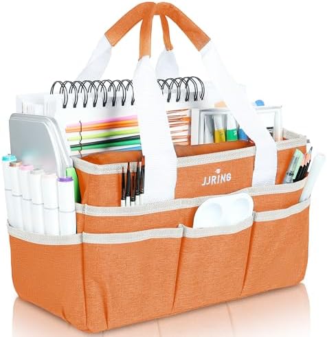 JJRING Craft Organizer Tote Bag Art Storage Caddy Orange | With Multiple Pockets For Sewing, Scrapbooking, School, Medical, And Office Supplies