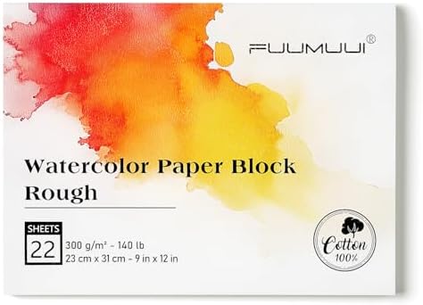 Fuumuui 9×12 Watercolor Paper Block, Textured Rough 100% Cotton Watercolor Paper, 140lb/300gsm, 22 Sheets, Acid-Free, Art Paper for Painting & Drawing, Wet, Mixed Media, Rough Grain