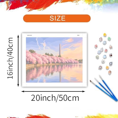 Washington Monument Cherry Blossoms Paint by Number, Washington D.C. Cityscape Paint by Numbers for Adults, Modern Urban Picture Canvas Acrylic Painting for Gift Home Decor(16×20inch, Unframe)