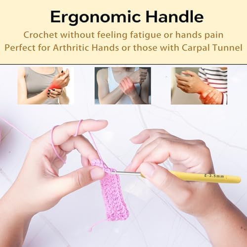 3.5mm Crochet Hook, Ergonomic Crochet Hook, Smooth and Extra Long  Knitting Needles, with Soft Rubber Ergonomic Handle and Aluminum Tip, Perfect Beginner and Arthritic Crochet Hooks (3.5 mm)