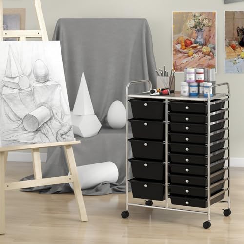 Giantex 15 Drawer Rolling Storage Cart Tools Scrapbook Paper Office School Organizer, Black