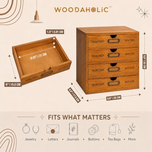 Modular Stackable Apothecary Cabinet 4 Drawer Desk Organizer - Retro Library Card Catalog Wood Storage Box - Organize Stationery, Thread Embroidery, Sewing, Crafts, Junk Drawer & Supplies Countertop