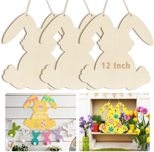 Large Size 12" Wooden DIY Blank Unfinished Round Wood Discs Ornament Happy Easter Bunny Door Sign Door Hanging Sign Plaque Crafts Hanging Decorations 3PCS