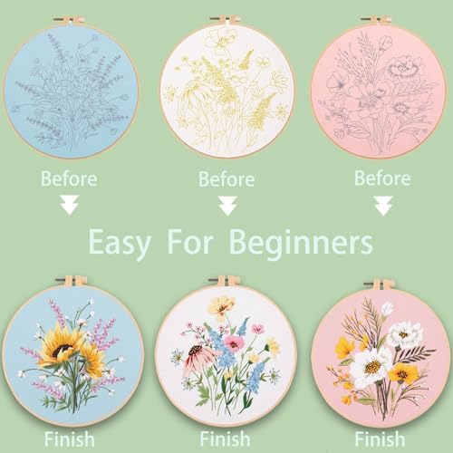 Ohcol 3 Sets Embroidery Kit,Cross Stitch Kits Needlepoint Kits for Adults Beginner,Needle Point Kits with Washable Pre-Printed Floral Pattern,Hoops,Women DIY Hand Crafts