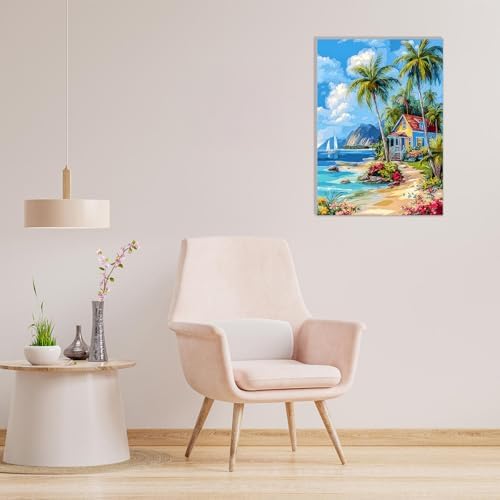 MAXBYE Paint by Numbers Kit for Adults with Frame and Wooden Easel, Easy Beach Landscape Painting Numbers Art Kits on Canvas, DIY Acrylic Painting Kit for Gift Home Wall Garden Decor 10×14 in