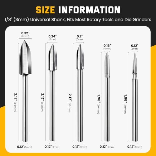 Wood Carving Drill Bits Set, 5PCS HSS Engraving Burr Bits with 1/8" Shank, Compatible with Dremel Rotary Tool for Wood Carving, Woodworking, Grinding, DIY Crafts and Detail Work