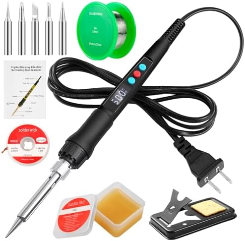 Soldering Iron Kit, 100W LED Digital Solder Gun kits with Ceramic Heater, Adjustable Temperature Welding Tools with Tips, Wick Braid, Stand, Solders Wire, Sponge, Flux Paste, Black