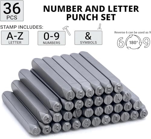 NEIKO 02630A Number and Letter Punch Set with Heat-Treated Steel Punches, Imprinting & Arts and Crafts, 3/32" (2.5MM) Shaft, 36 Pc Stamp Set, Uppercase Letter & Number Punch Set (A-Z / 0-8 / "&")
