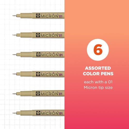 Sakura Pigma Micron Fineliner Pens, Assorted, 01 Tip, 6 Count
