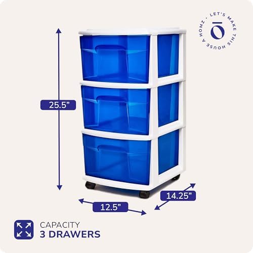 HOMZ Drawer Tower, 3-Tier Storage Cart with Removable Wheels, White Frame
