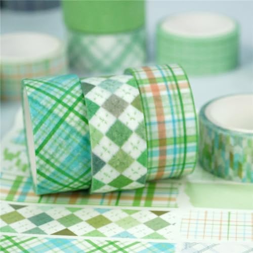 Basic Grid Washi Tape Set 12 Rolls Plaid Decorative Masking Tapes for Arts, DIY Crafts, Journals, Planners, Scrapbook, Wrapping (Green)