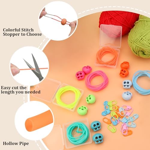 Dexspoeny 10 Pcs Knitting Needle Stoppers,Colorful Silicone Knitting Stitches Holder with 20Pcs Plastic Crochet Hook Clip,2mm Hollow Rubber Tubing Knitting Barber Cord,Convenient for Knitting