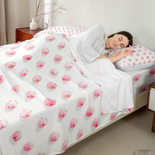 Manfei Cut Strawberry Sheet Set Pink Lovely Fruits Bedding Set Rustic Sweet Style Bed Sheets Teens Room Decor White (Queen Flat & Fitted Sheet with 2 Pillow Case)