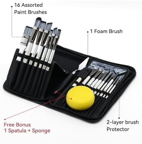 Transon 20Pcs Art Paint Brush Kit with Storage Case, 16 Brushes + Foam Brush Spatula Sponge for Acrylic Oil Watercolor Gouache, Adults Teens Beginners Art Supplies