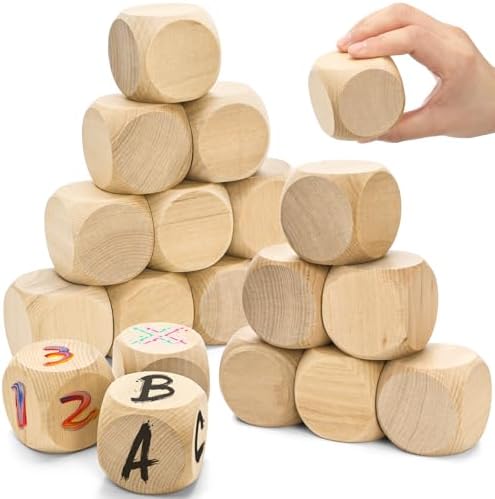 ZEAYEA 20 Pcs Blank Wooden Dice, 2 inch Unfinished Square Blocks, Blank 6 Sided Wood Cubes with Rounded Corners for Building Blocks, DIY Craft Projects, Party Supplies