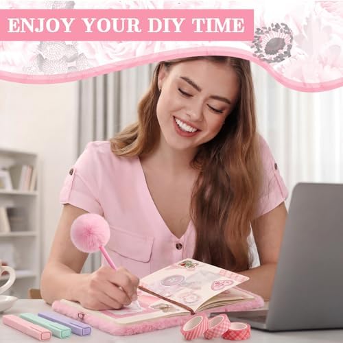 Janlaugh DIY Journal Diary with Lock Pack Scrapbook Kit, Pink, Plush | Stationery Diary Supplies, Scrapbook Supplies Art Crafts Kit for Birthday Holidays Ideal Gifts, Feather Bookmark Stickers