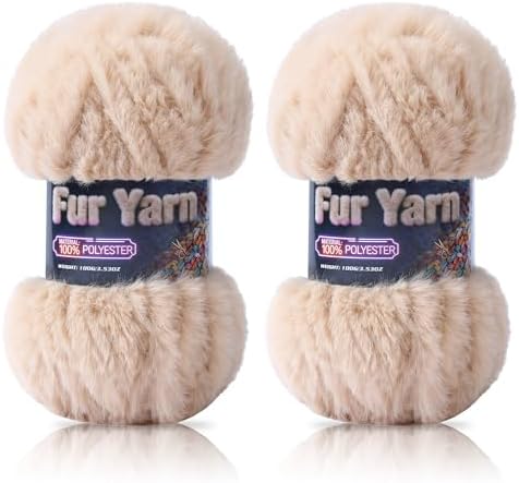 Faux Fur Yarn Soft Fluffy for Crocheting - 2 Skeins(Each 3.5oz/100g, 71yd/65m) - Chunky & Fluffy Yarn for Crochet Amigurumi, Blankets, Hand Knitting, Scarves &Crafts (2, Khaki)