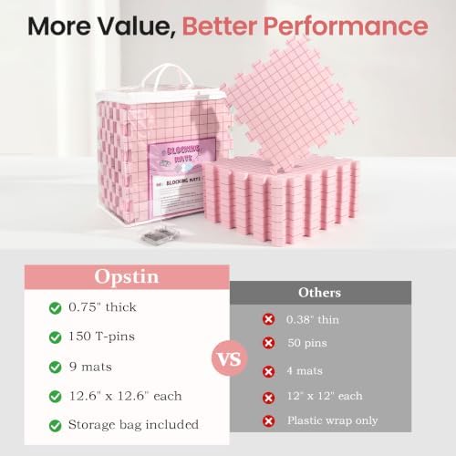 Opstin Blocking Mats for Knitting Extra Thick Blocking Boards for Crochet Projects with Gridlines - 150 T-Pins and Storage Bag Included for Knitting Supplies - Standard Mat Set - Pack of 9