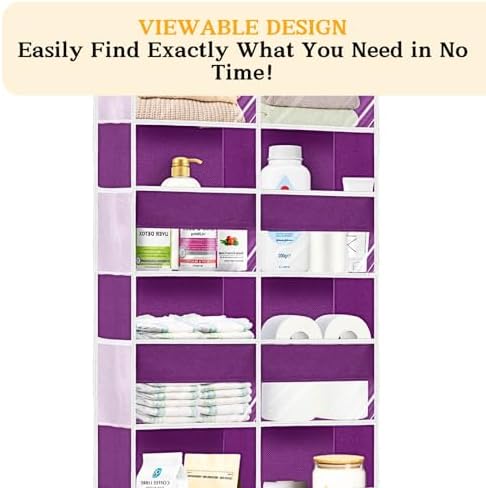 Over The Door Organizer 5 Tiers, Extra Large Behind Door Storage of 10 Compartments, 80 lbs Weight Capacity Hanging Storage Organizer with Clear Window Kids Toys,Shoes,Diapers,Room Storage,Purple
