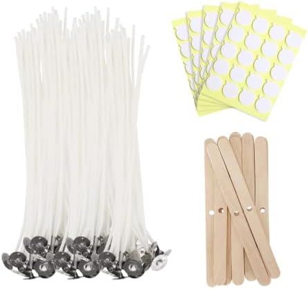 JEAWIWI 100 Pcs Cotton Candle Wicks, 8 in, with Wick Stickers & Holders