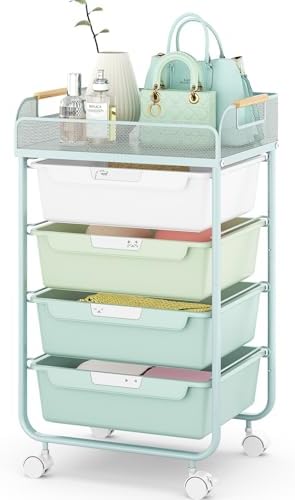 SYKIARIOL 4-Drawer Rolling Storage Cart with Mesh Top,Green