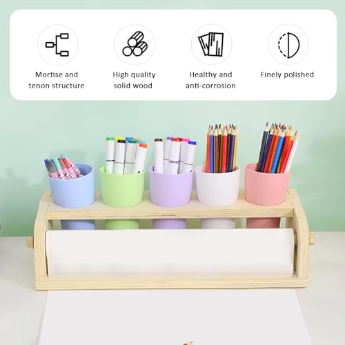 Kids Tabletop Paper Roll Dispenser with Paper Rolls (15"" x 16.4ft) and 5 Pencil Holder Cups Portable Art Painting Easel for Kids to Doodle Draw Play