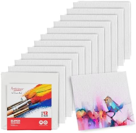 Artlicious Small Canvases for Painting - Pack of 12, 6 x 6 Inch Blank White Canvas Boards - 100% Cotton Art Panels Mini Canvas Bulk for Oil, Acrylic & Watercolor Small Canvas for Painting