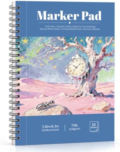 5.8×8.3 Marker Pad, 50 Sheets, Smooth Acid-Free Paper for Markers | Bleed-Resistant Coated Paper, Lay-Flat Binding, for Alcohol Markers, Fineliners, Pencils, Calligraphy
