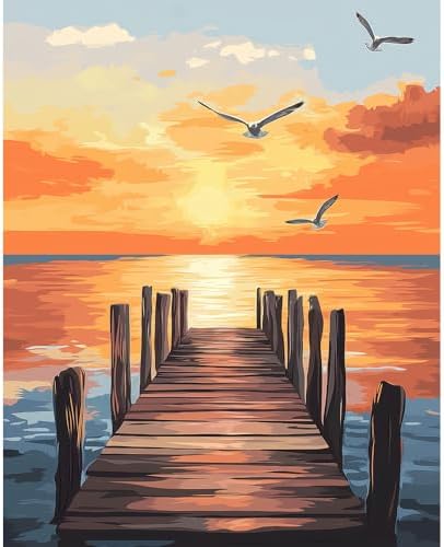 Natuyalo Paint by Numbers Kit for Adults Beginner, Sunset Landscape Adult Paint by Number Kits on Canvas, Sea Wharf DIY Acrylic Easy Painting by Numbers for Home Wall Decor 16x20 inch (Without Frame)