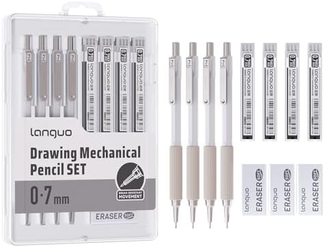 languo 0.7mm Mechanical Pencil Set with Case, 4PCS Drafting Mechanical Pencils Kit – 4 Tubes 2B Lead Refills, 3 Erasers, Ideal Pencil Set for Writing & Drawing