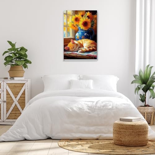Bowetile Framed Paint by Numbers Cat Kit for Adults, Adults' Paint-by-Number Kits on Canvas, Painting by Numbers Sunflower, DIY Acrylic Number Painting for Home Wall Decor, 8x12in